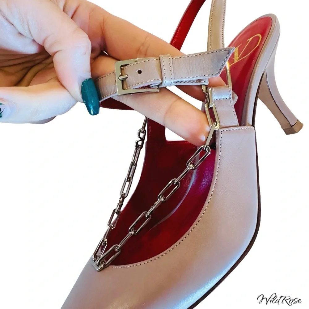 VALENTINO GARAVANI Nude Valentino V Logo Silver Chain Detail Slingback Pumps 36 - Picture 10 of 17